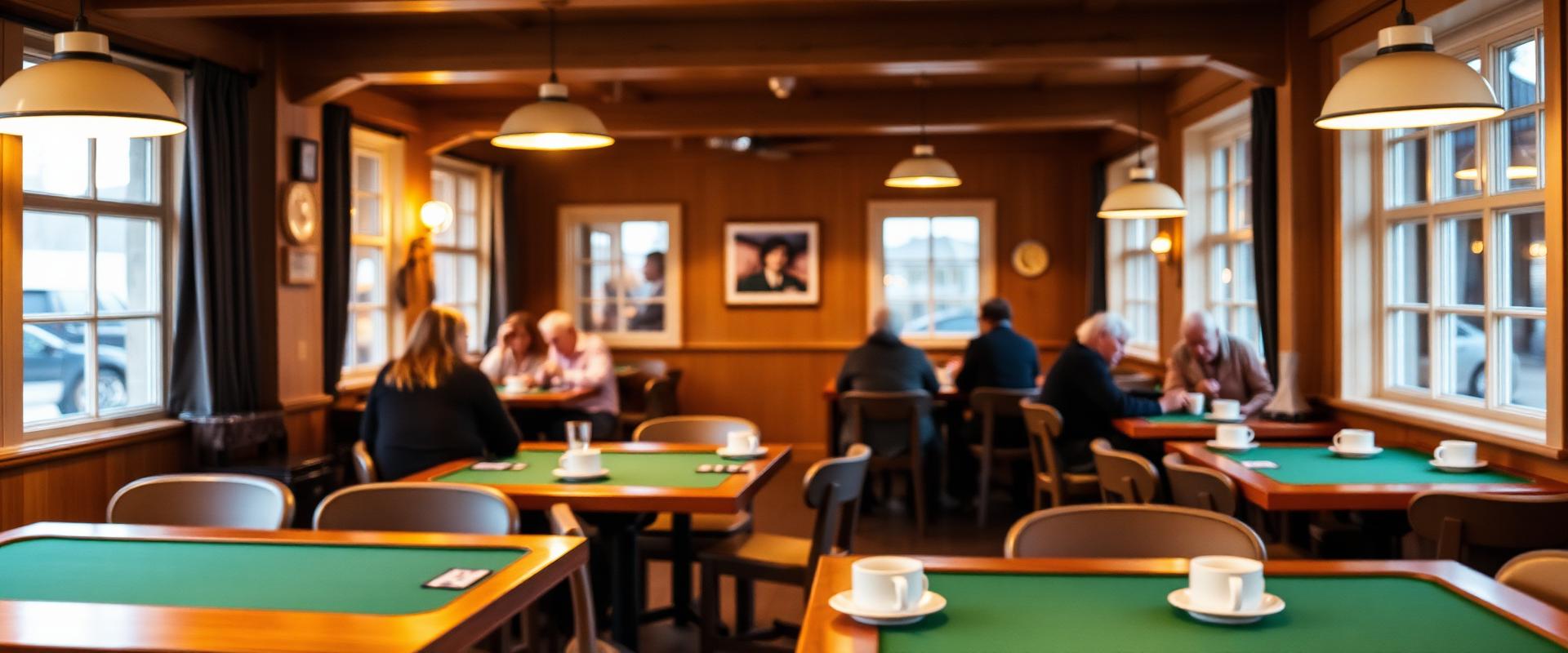 Stemning fra Bridgehuset – bridgeborde i varmt lys